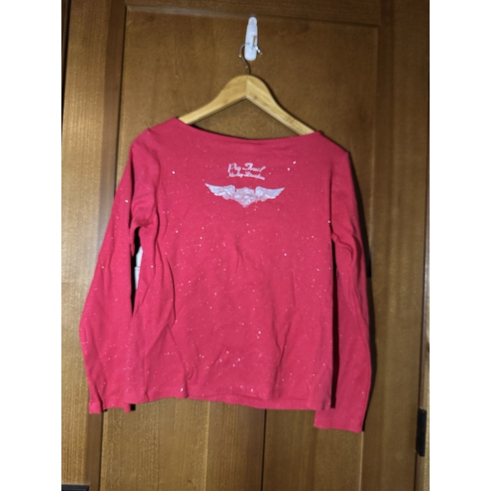 Harley Davidson Pig Trail Red Glitter Long Sleeve Shirt Womens L Vintage Y2K - Picture 2 of 7